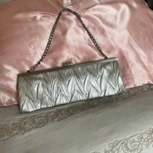 Jessica McClintock Silver Hand Clutch with Metal Chain Strap